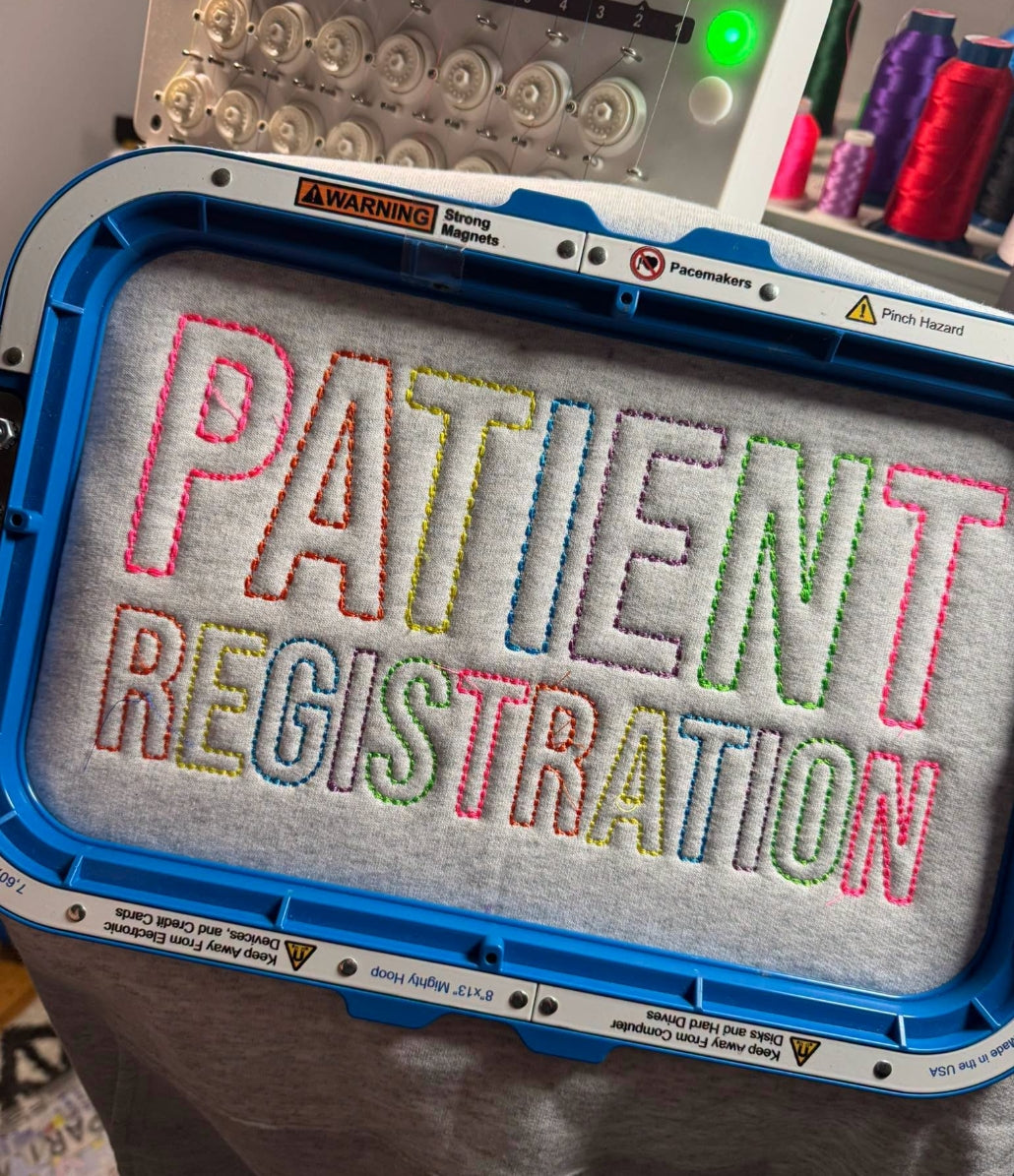 Embroidered custom crew.  Patient Registration